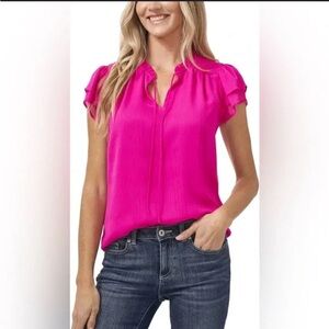 CeCe Pink Puff Sleeve Blouse with Mandarin Collar